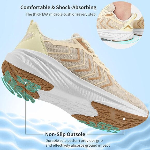 Women's Beige Breathable Tennis Shoes Non-Slip Sneakers for Walking & Workout - Picture 4 of 7